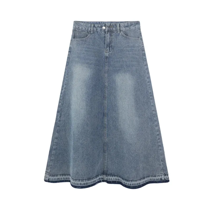 Aiertu Y2k Raw Edge Stitch Maxi Denim Skirt Plain Casual High Waist Long Jeans Skirt Korean Retro Women Streetwear