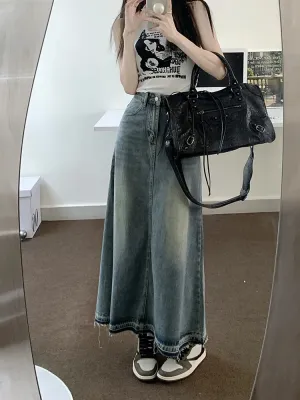Aiertu Y2k Raw Edge Stitch Maxi Denim Skirt Plain Casual High Waist Long Jeans Skirt Korean Retro Women Streetwear