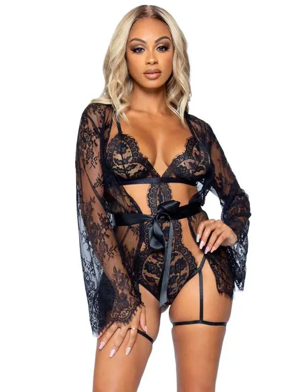All Romance Lace Teddy and Robe Set - - Black