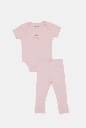 Babies Pink Printed Bodysuit Set (2 Piece)