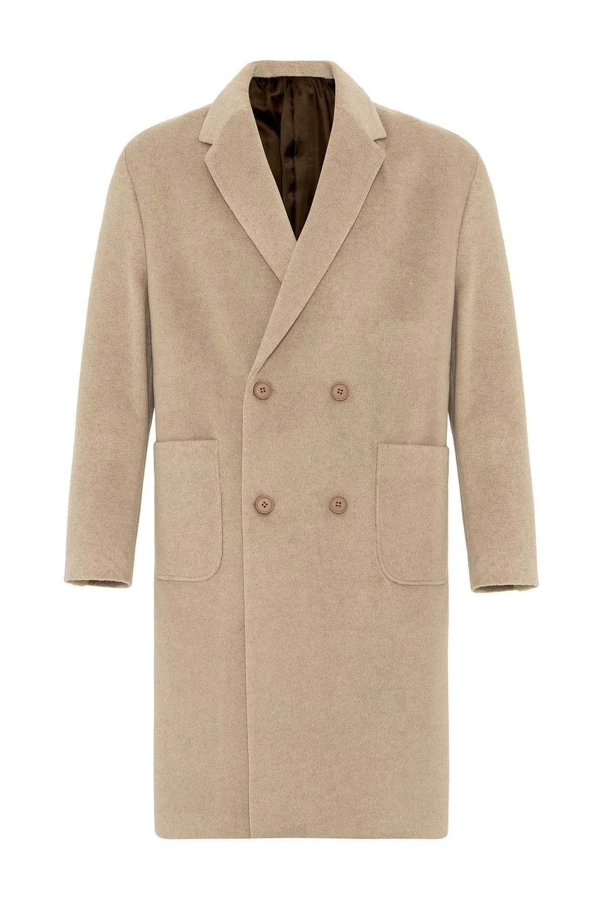 Beige Textured Double-Breasted Men's Coat - Wessi
