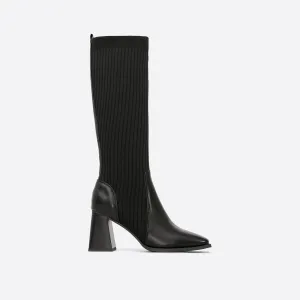 binfenxie- Women Classic Slip-on Sock Leather High Boots