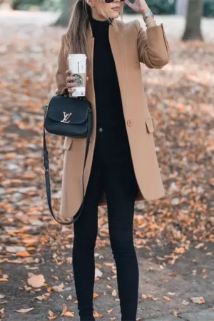 Camel Mid-Length Stand Collar Coat