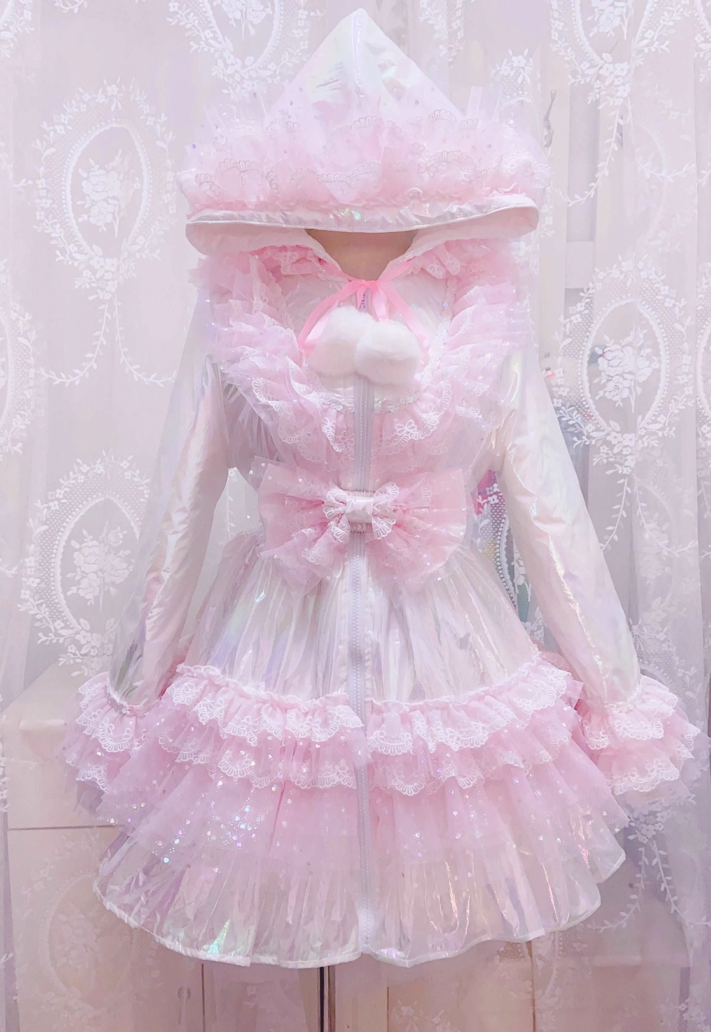 Candy Fairy Winter Sparkling Princess Rainbow Pink Ruffled Hooded Jacket Dress
