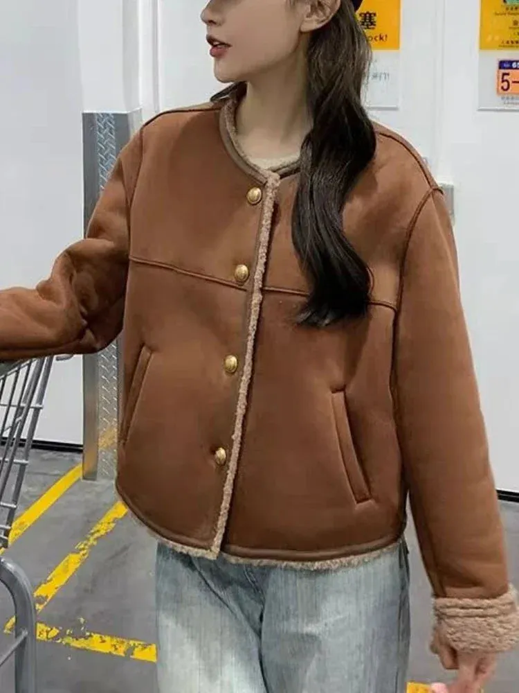 Coffee Faux Leather Fur Coat
