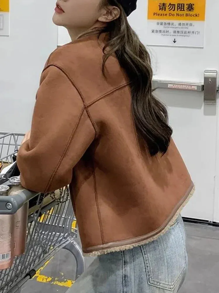 Coffee Faux Leather Fur Coat