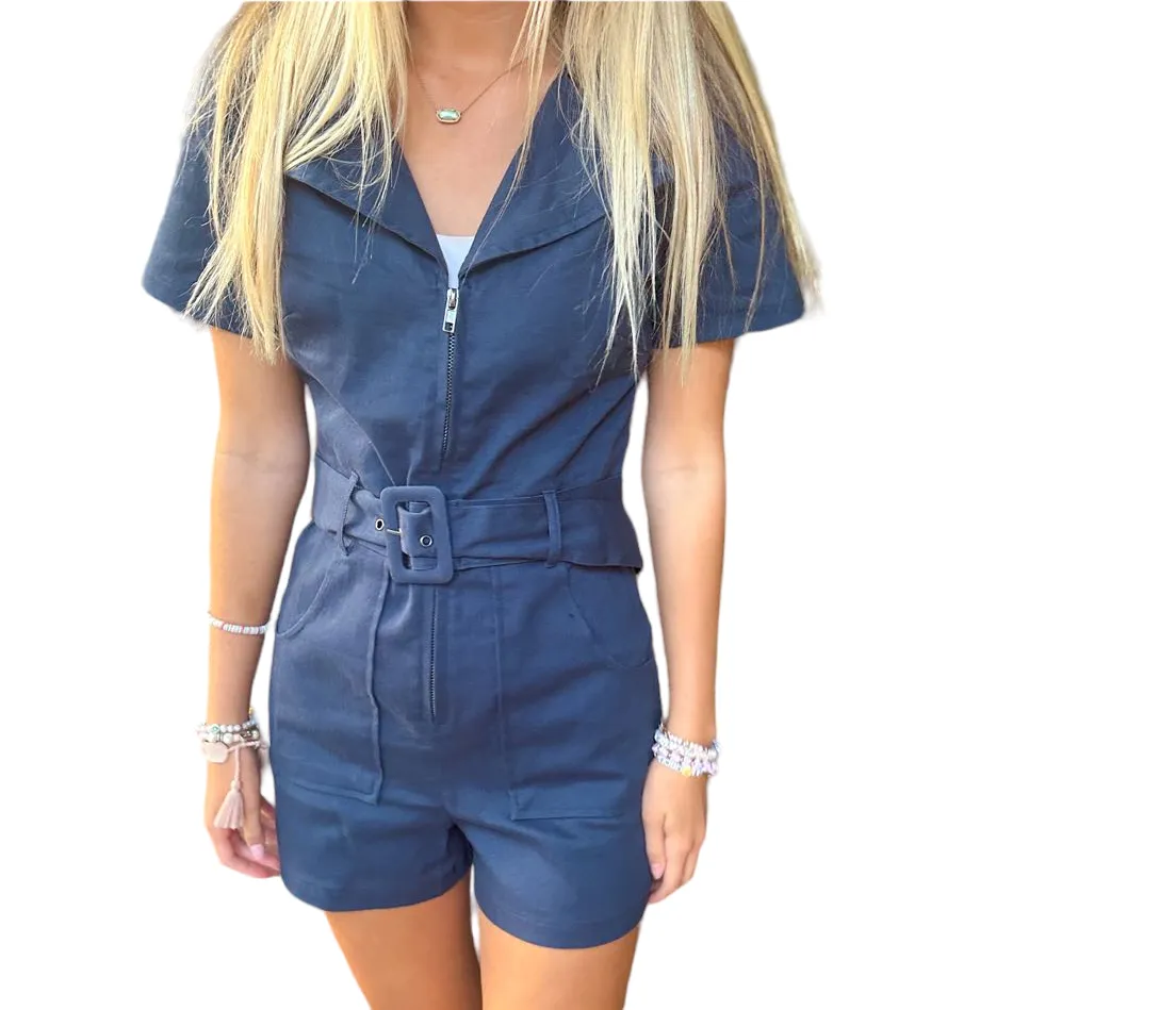 Denim Delight: Zip-Front Belted Romper