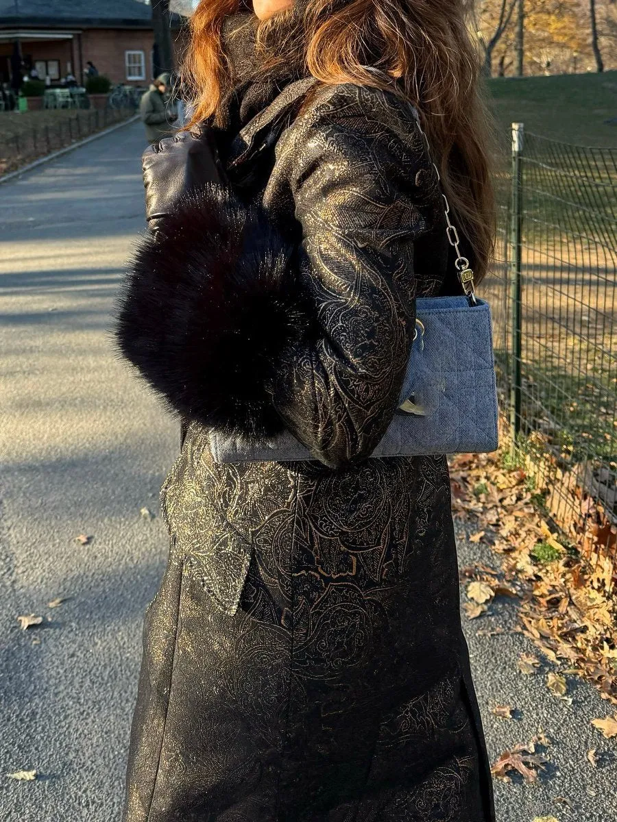 Elegant Printed Fur Collar Long Coat