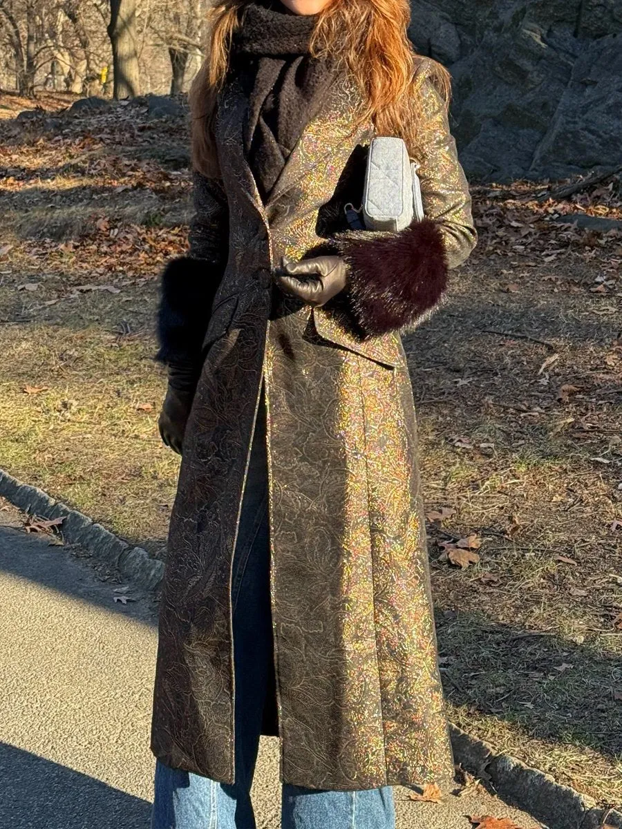 Elegant Printed Fur Collar Long Coat