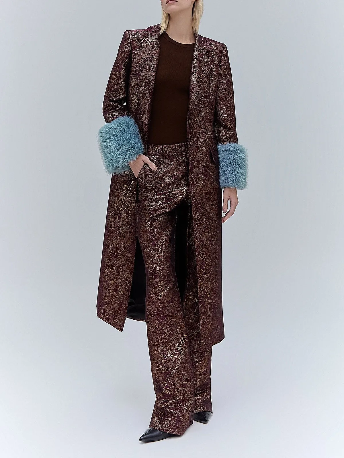 Elegant Printed Fur Collar Long Coat