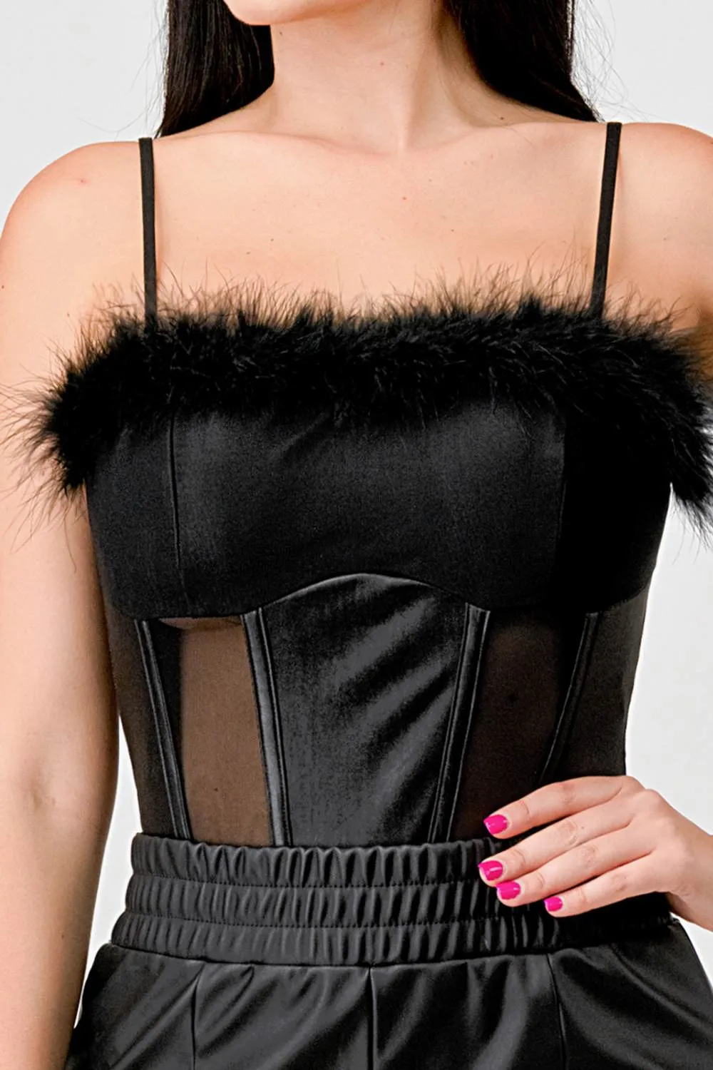 FAUX FUR TRIM SEE-THRU CONTRAST COATING BODYSUIT