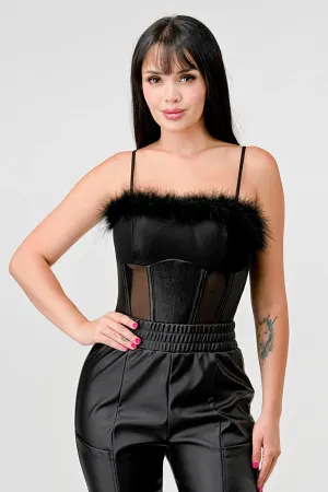 FAUX FUR TRIM SEE-THRU CONTRAST COATING BODYSUIT