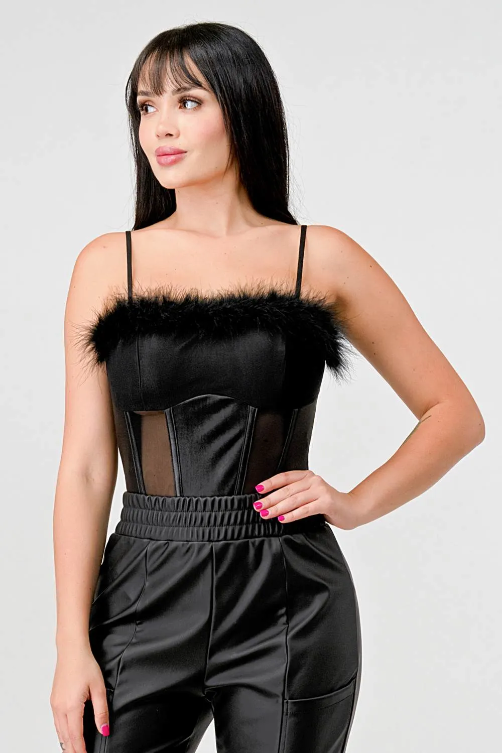 FAUX FUR TRIM SEE-THRU CONTRAST COATING BODYSUIT
