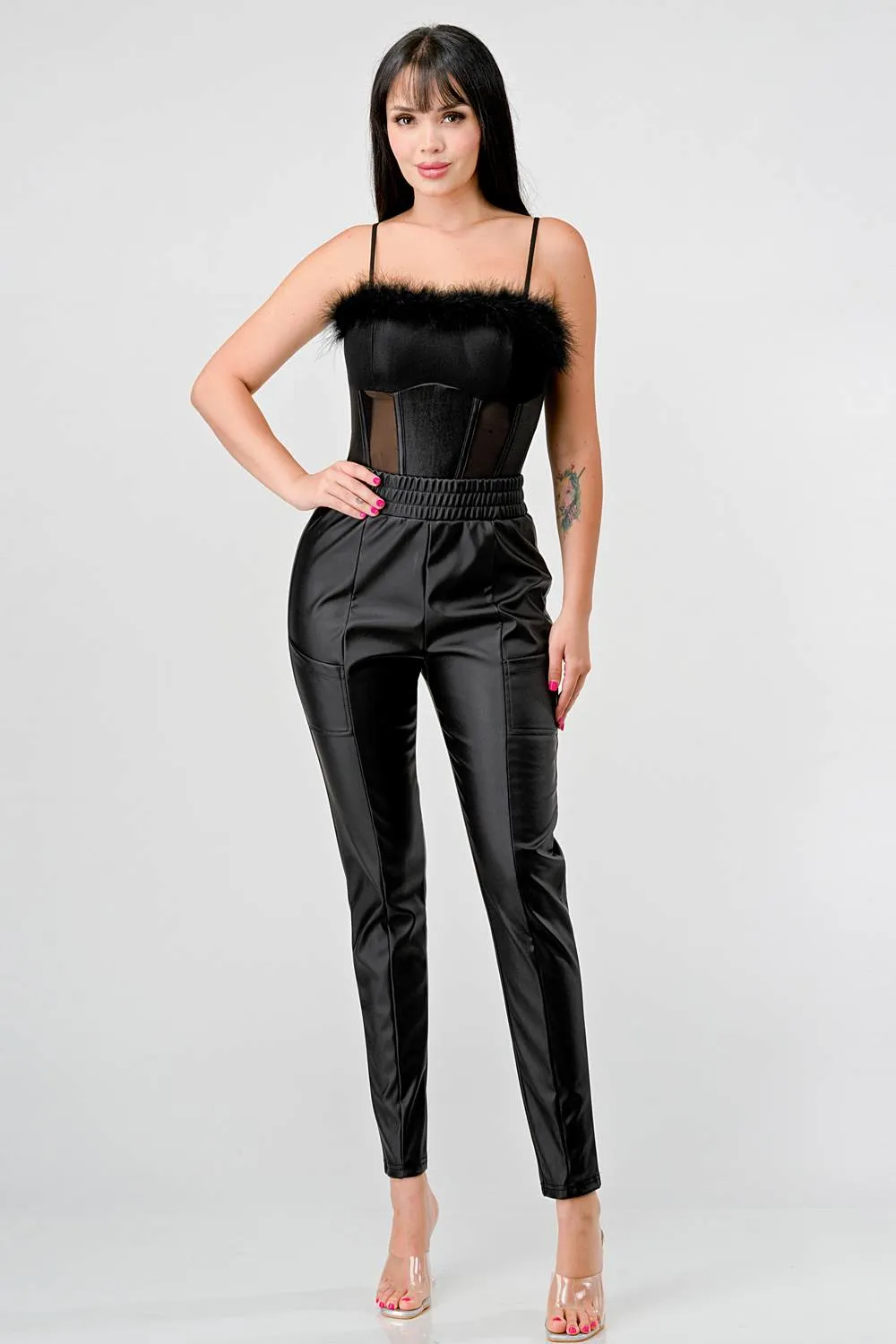 FAUX FUR TRIM SEE-THRU CONTRAST COATING BODYSUIT