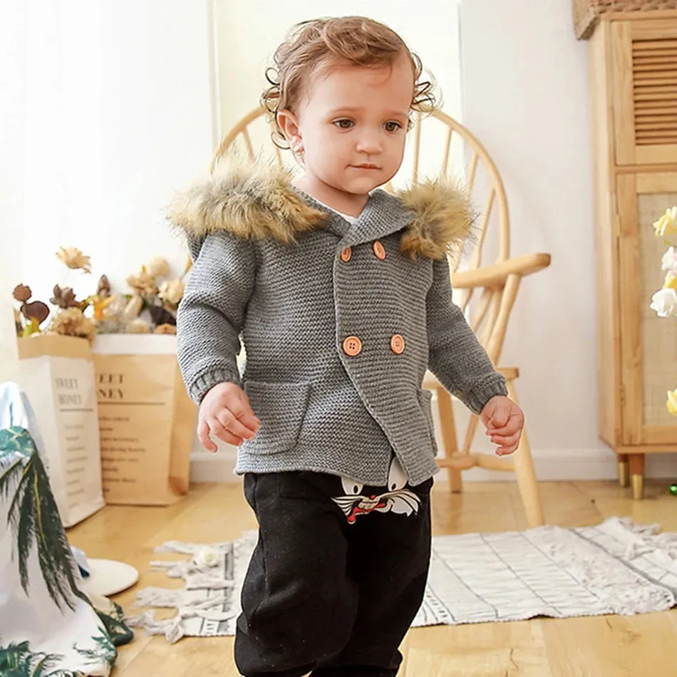 Fur Collar Animal Hooded Knitting Baby Coat