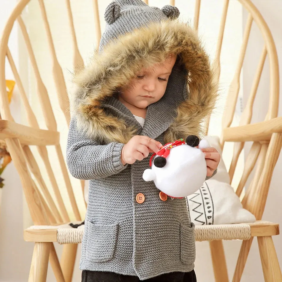 Fur Collar Animal Hooded Knitting Baby Coat