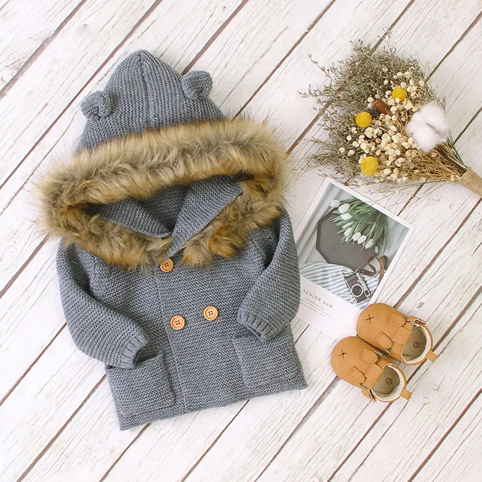 Fur Collar Animal Hooded Knitting Baby Coat