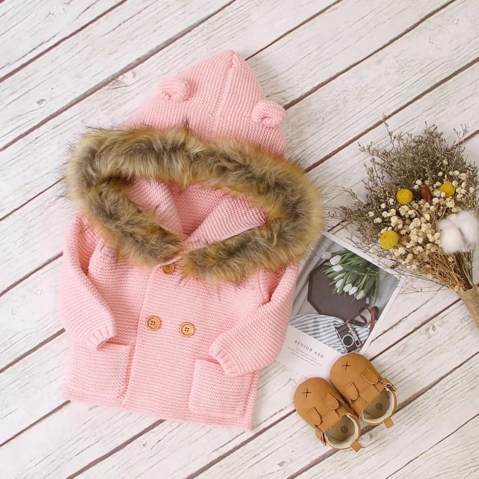 Fur Collar Animal Hooded Knitting Baby Coat
