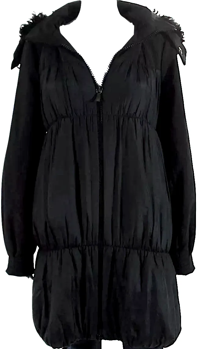 Iceberg Italy. Black Silk Fur Lined Hooded Striped Quilted Puffer Coat
