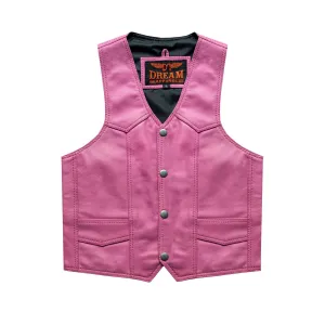 Kids Pink Leather Motorcycle Vest With Button Snap Closure