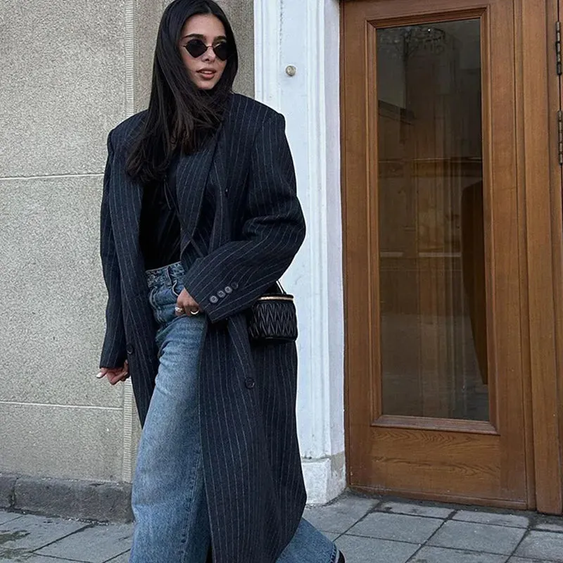 Lapel Striped Oversize Full Sleeve Long Coat