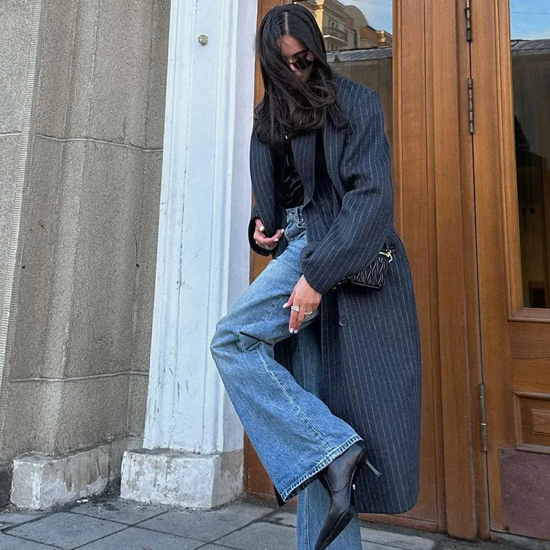 Lapel Striped Oversize Full Sleeve Long Coat