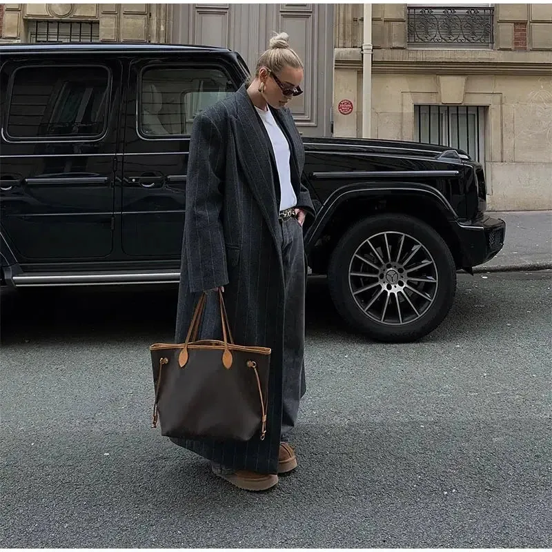 Lapel Striped Oversize Full Sleeve Long Coat