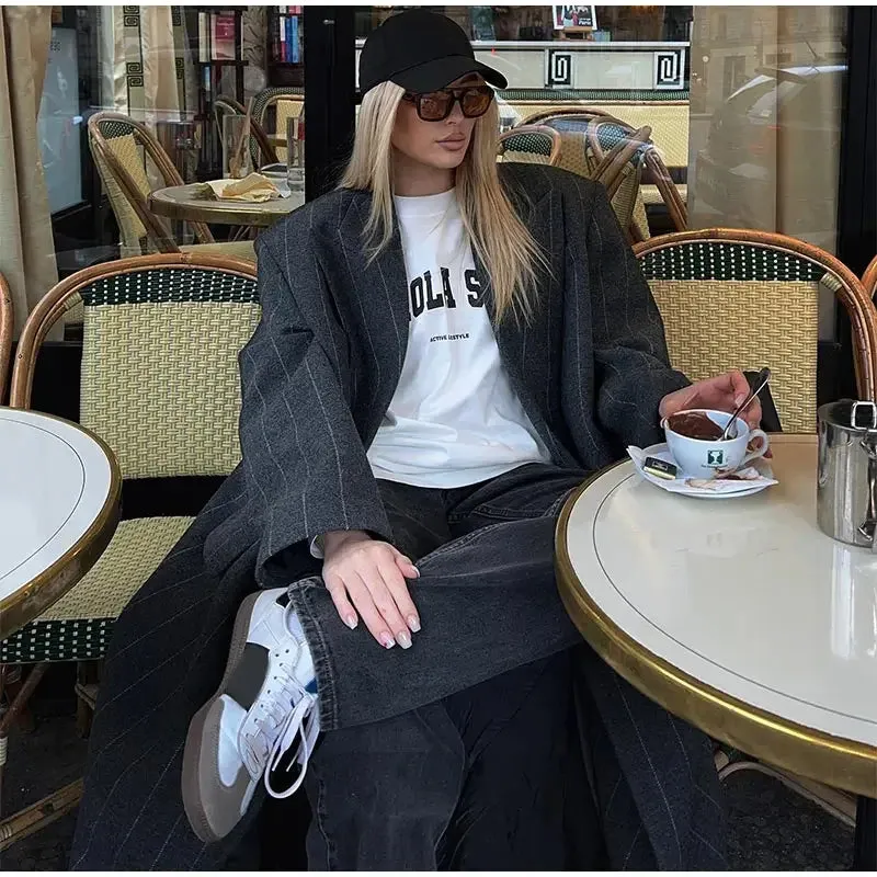 Lapel Striped Oversize Full Sleeve Long Coat