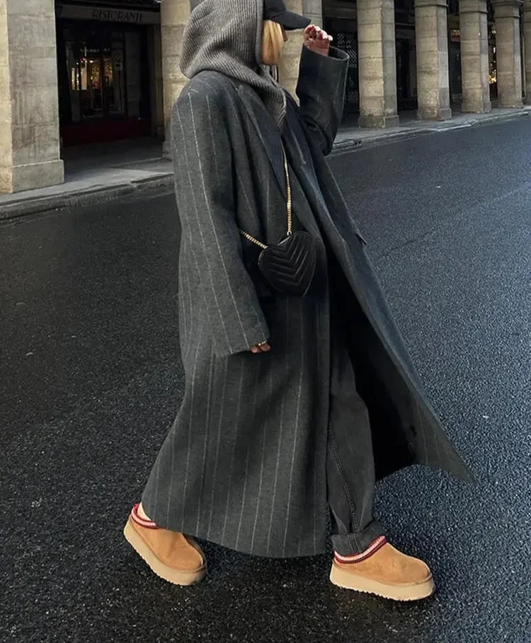 Lapel Striped Oversize Full Sleeve Long Coat