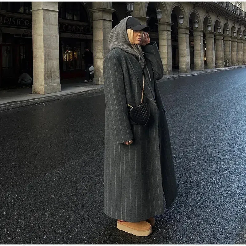 Lapel Striped Oversize Full Sleeve Long Coat
