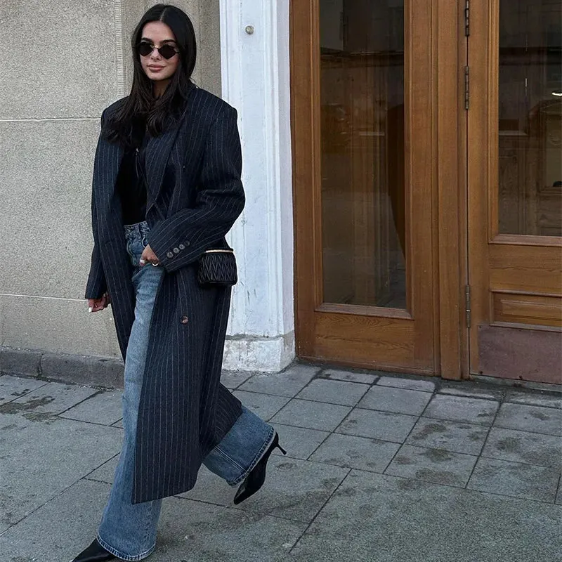 Lapel Striped Oversize Full Sleeve Long Coat