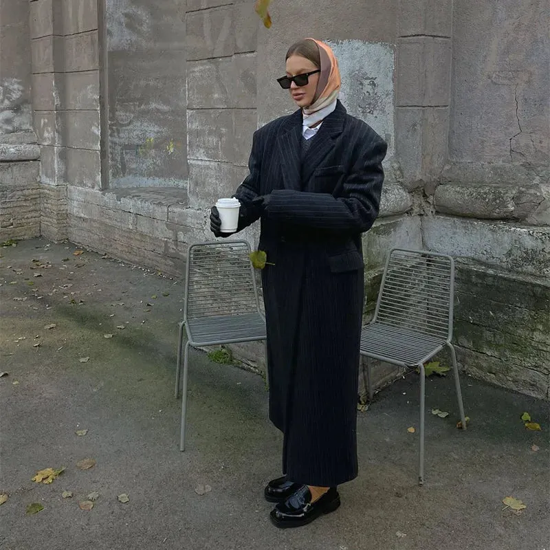 Lapel Striped Oversize Full Sleeve Long Coat