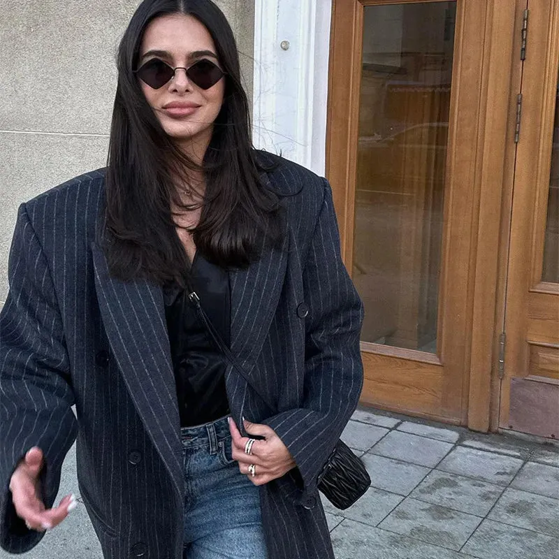 Lapel Striped Oversize Full Sleeve Long Coat
