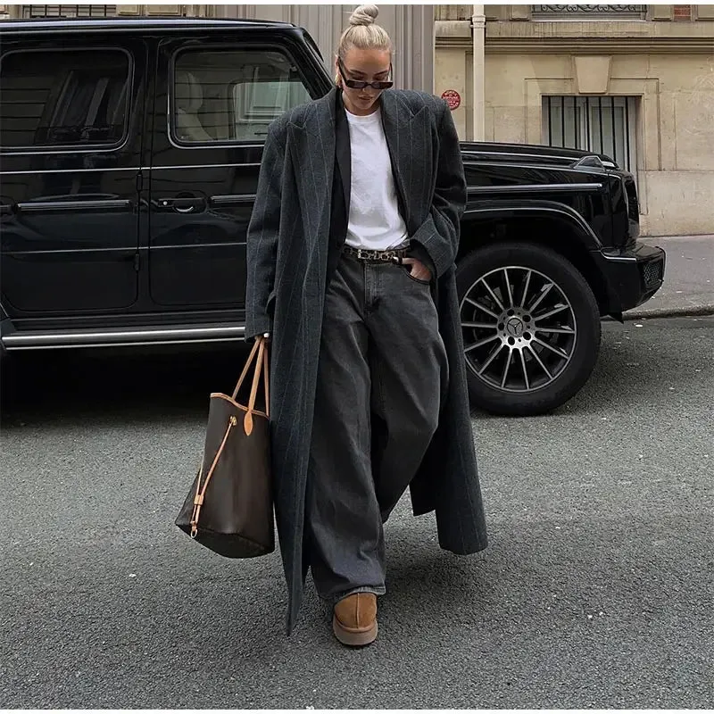 Lapel Striped Oversize Full Sleeve Long Coat