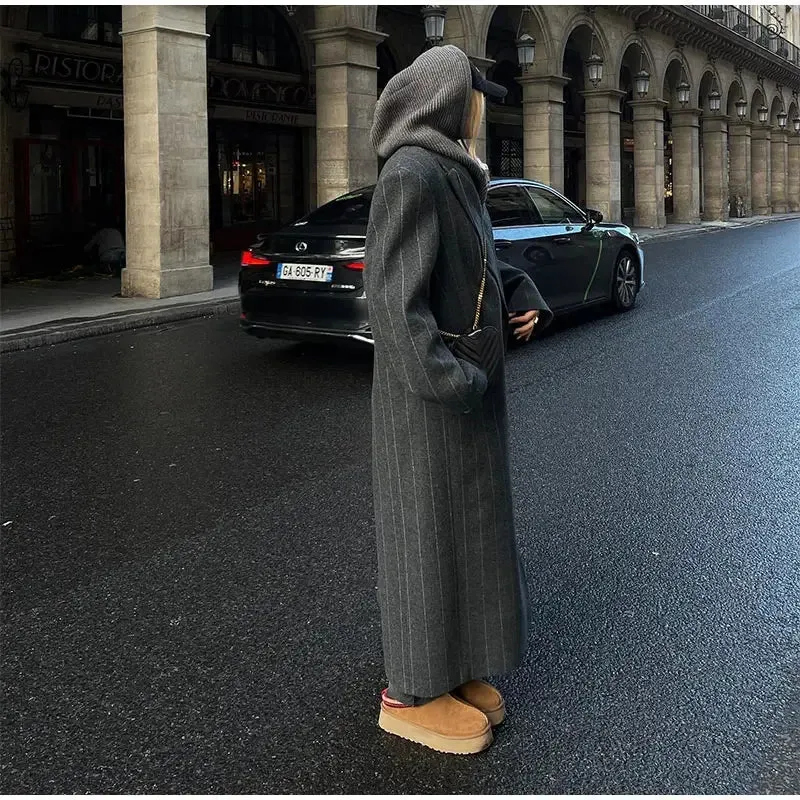 Lapel Striped Oversize Full Sleeve Long Coat