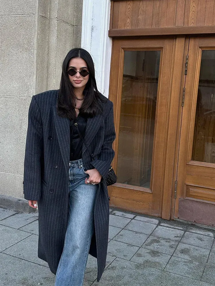Lapel Striped Oversize Full Sleeve Long Coat