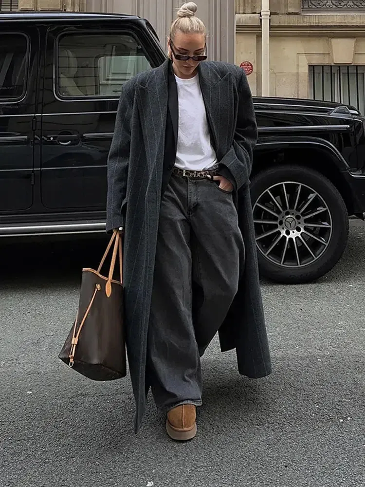 Lapel Striped Oversize Full Sleeve Long Coat