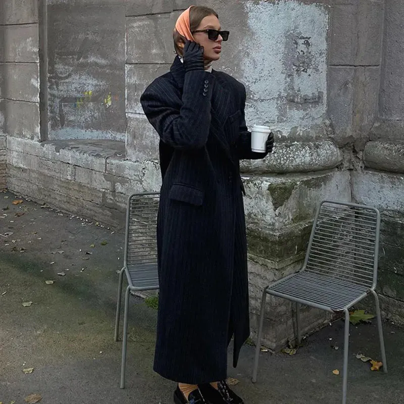 Lapel Striped Oversize Full Sleeve Long Coat