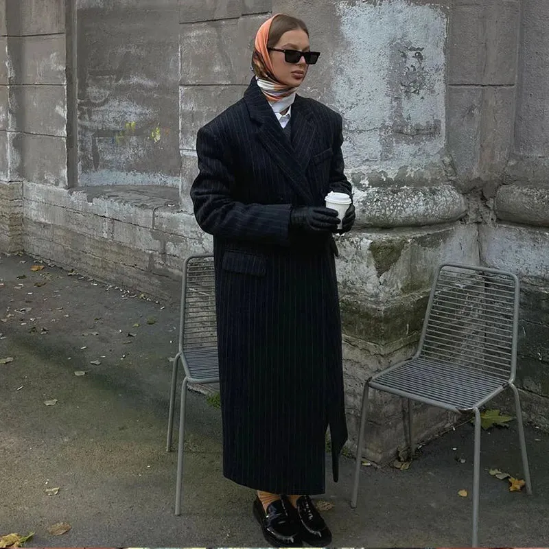 Lapel Striped Oversize Full Sleeve Long Coat