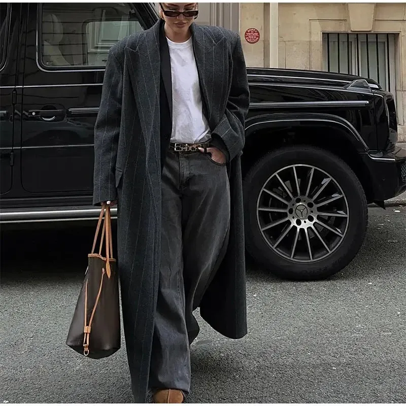Lapel Striped Oversize Full Sleeve Long Coat
