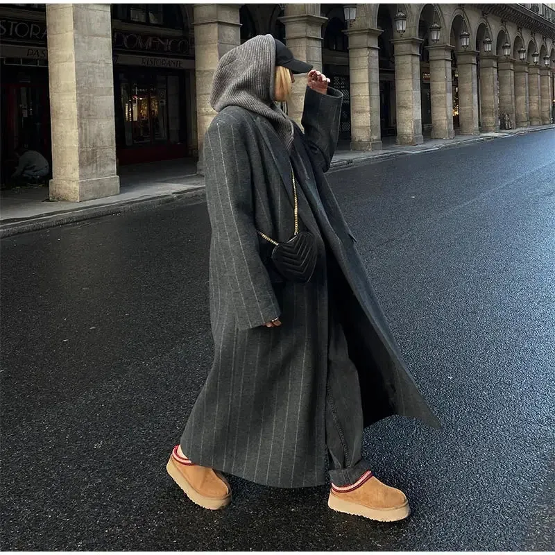 Lapel Striped Oversize Full Sleeve Long Coat
