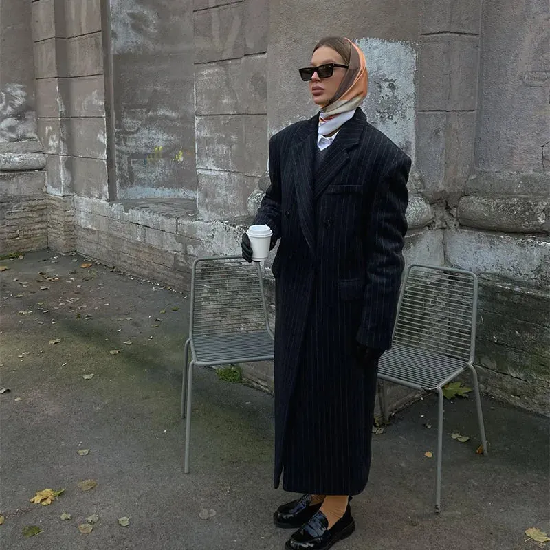 Lapel Striped Oversize Full Sleeve Long Coat
