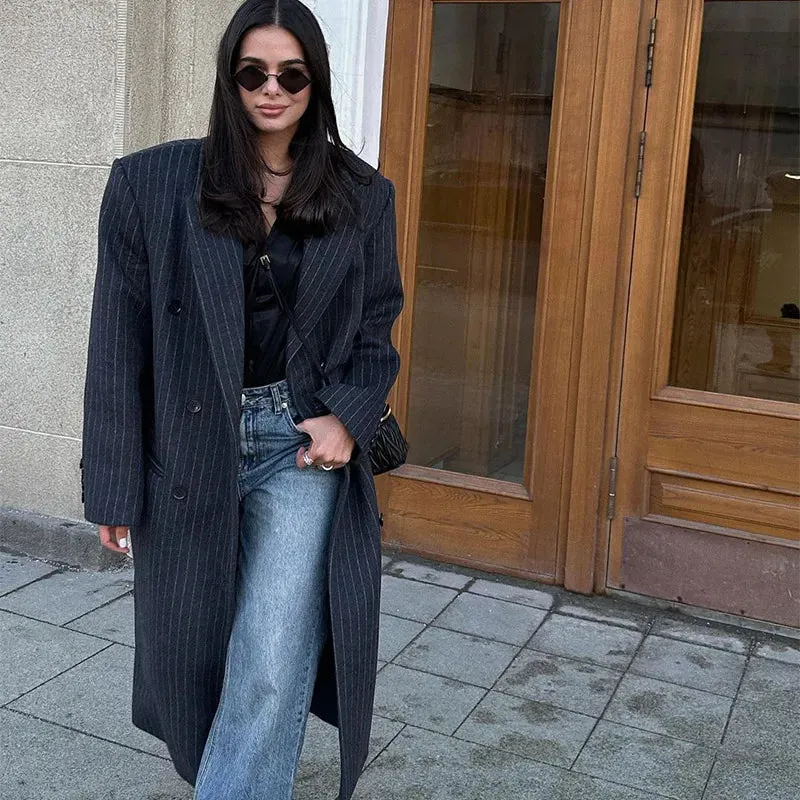 Lapel Striped Oversize Full Sleeve Long Coat