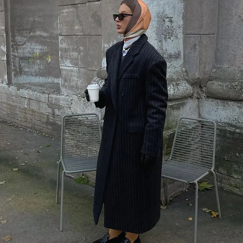 Lapel Striped Oversize Full Sleeve Long Coat