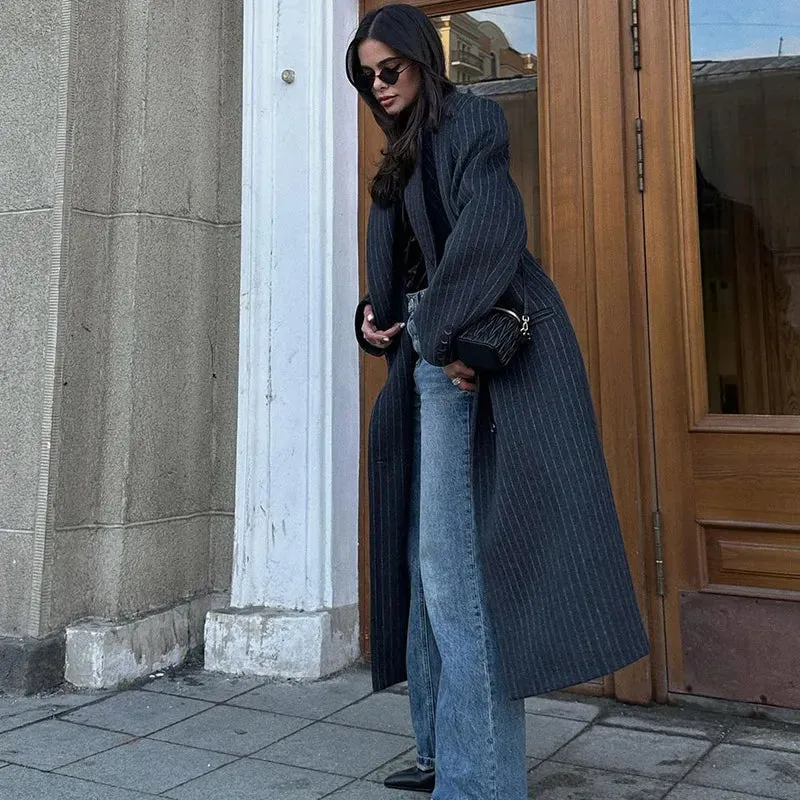 Lapel Striped Oversize Full Sleeve Long Coat