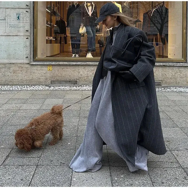 Lapel Striped Oversize Full Sleeve Long Coat