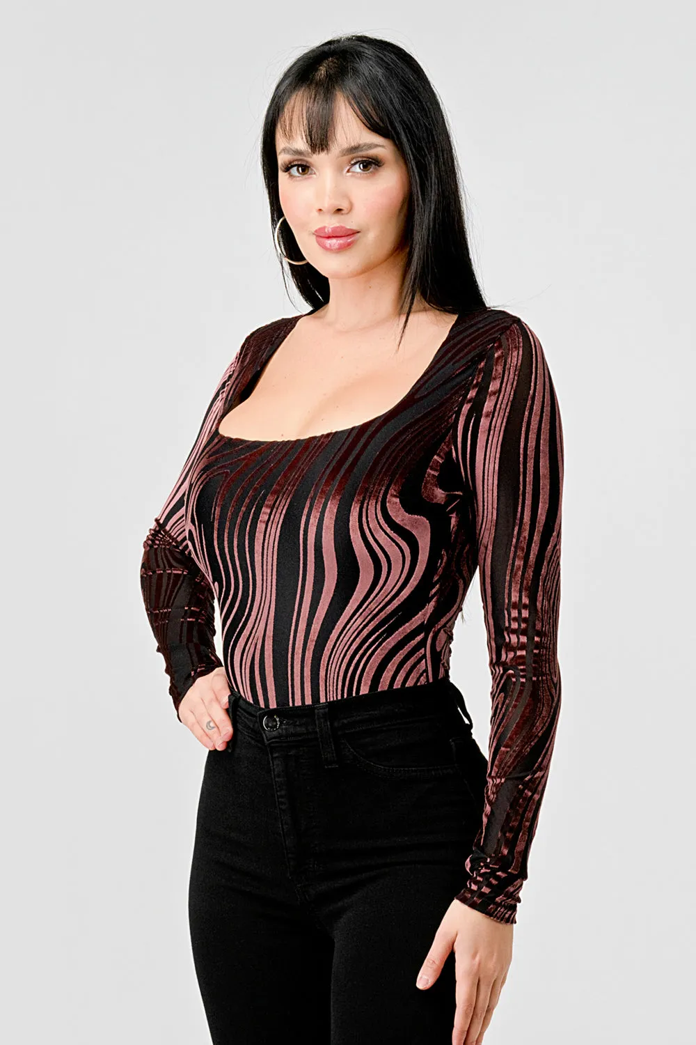 LUXE LUXE MESH VELVET BURNOUT SQUARE NECK BODYSUIT
