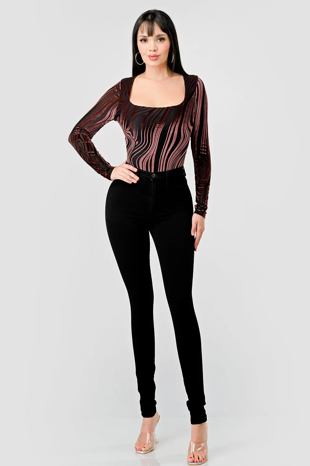 LUXE LUXE MESH VELVET BURNOUT SQUARE NECK BODYSUIT