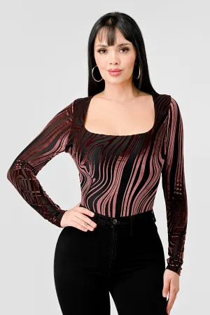 LUXE LUXE MESH VELVET BURNOUT SQUARE NECK BODYSUIT