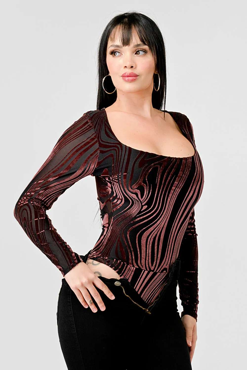 LUXE LUXE MESH VELVET BURNOUT SQUARE NECK BODYSUIT